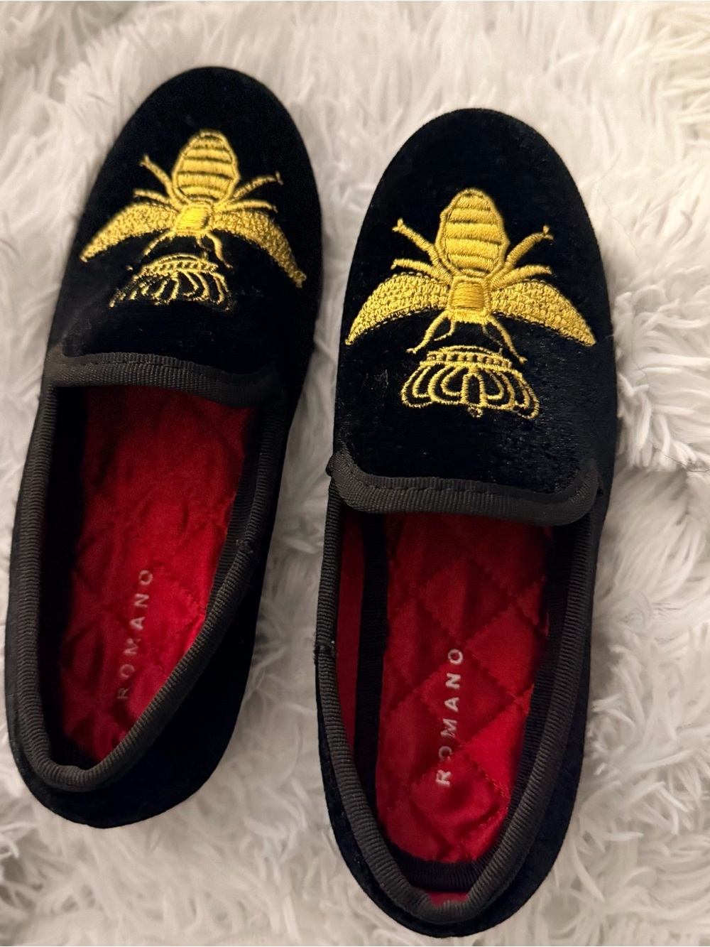 Romano Black Velvet boys slip-On Loafers with Gold Bee Embroidery